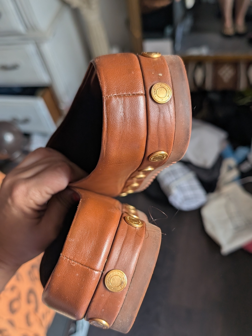 Tory Burch Brown Leather Clog Mules With Gold Medallion Studs - Picture 6 of 6